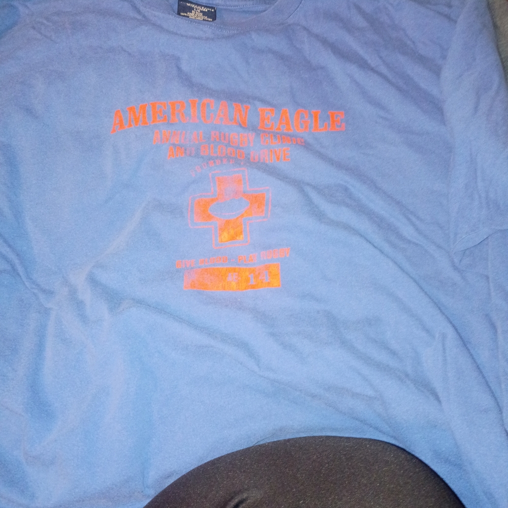 American Eagle Light Blue Graphic Tee with Orange Print